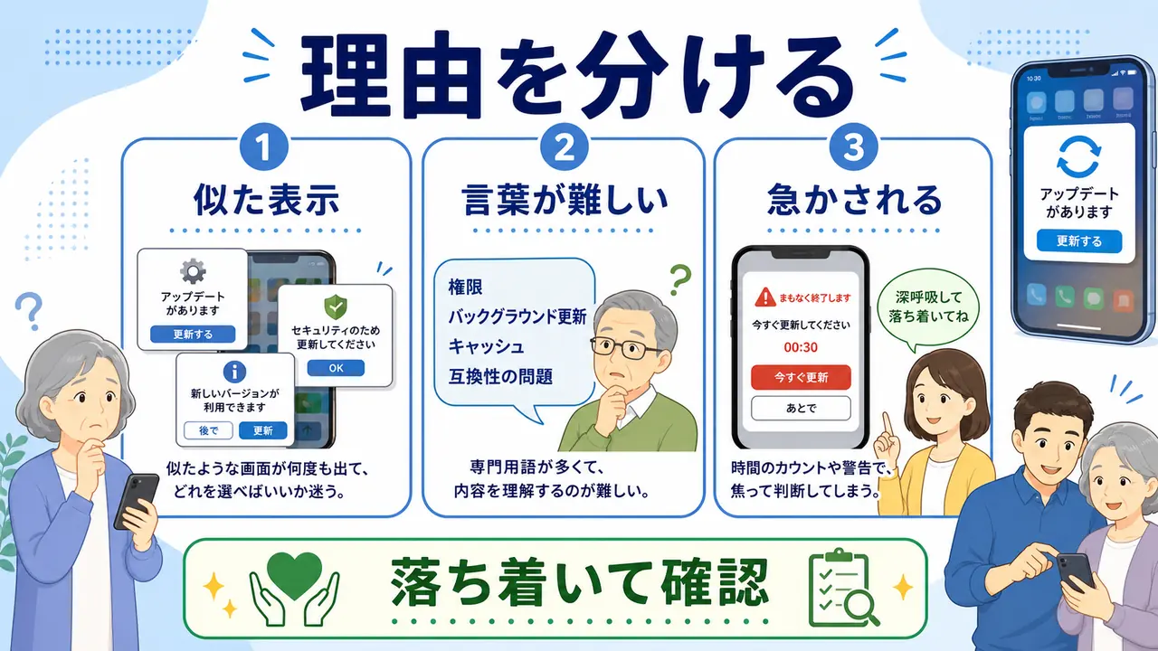 本体更新、アプリ更新、広告、偽警告を分ける図