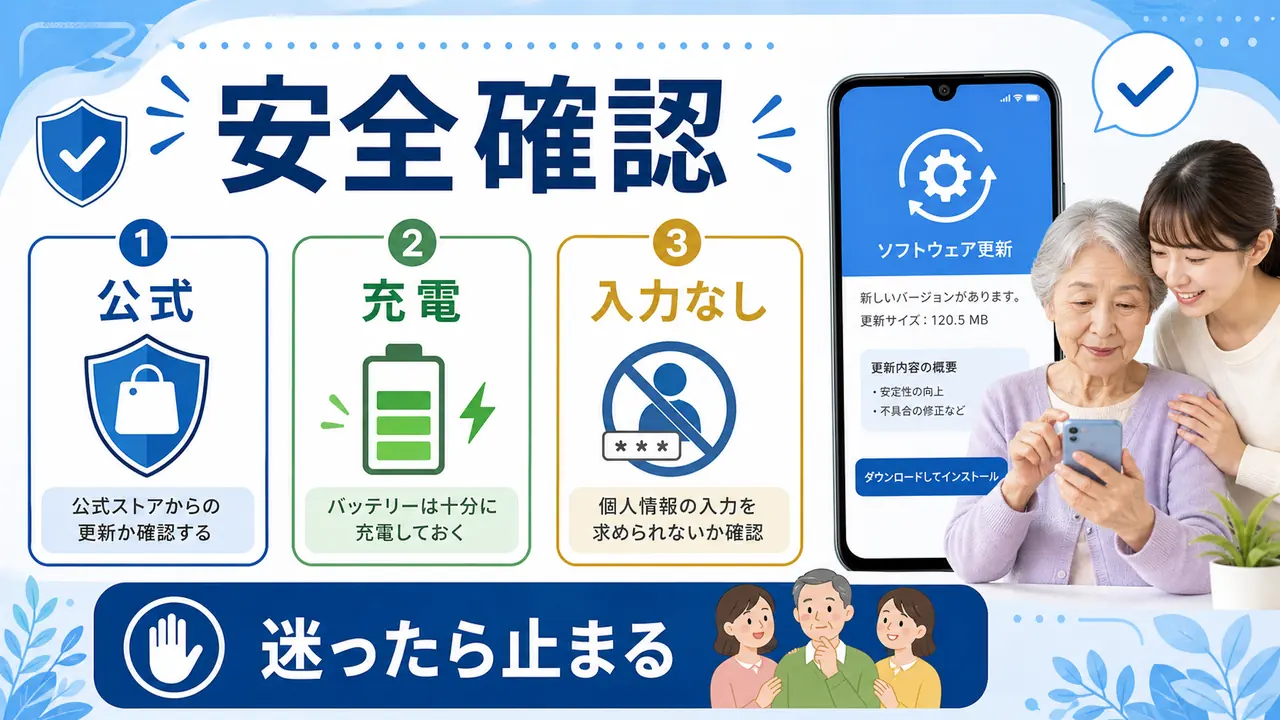 公式ストア、Wi-Fi、充電、個人情報入力を確認する図