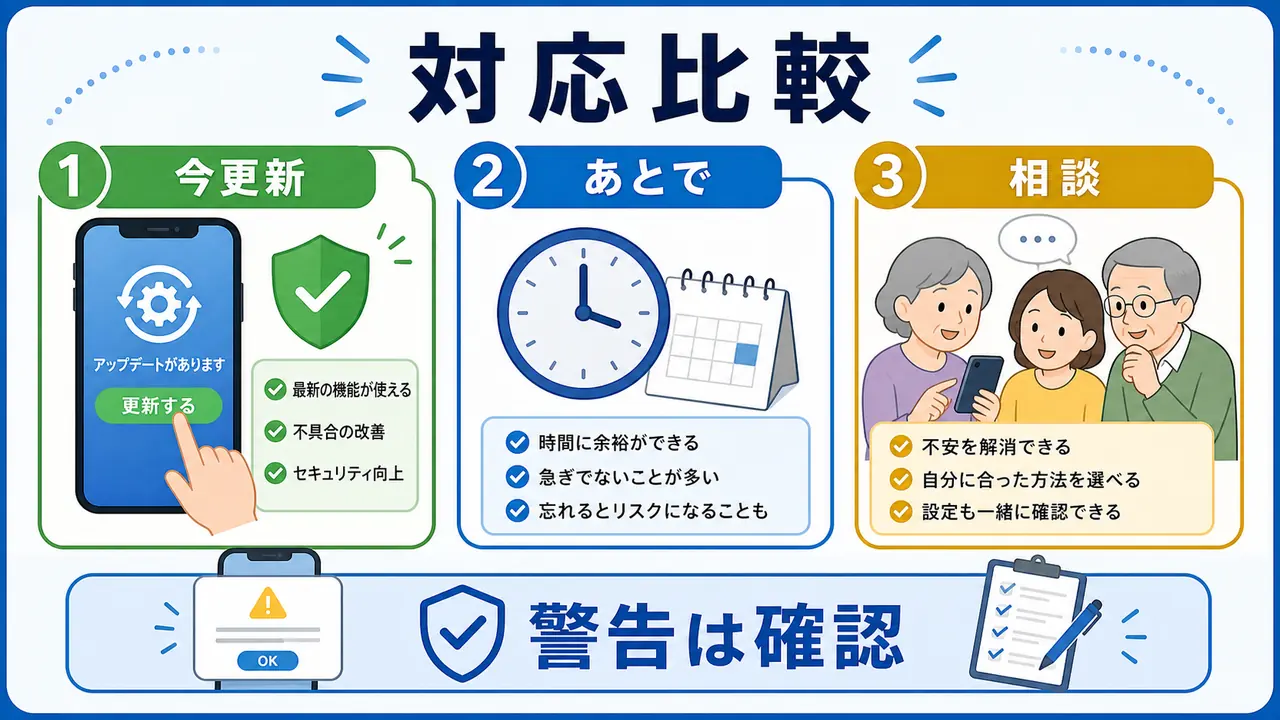 今更新、あとで更新、家族確認、押さない対応を比較する図