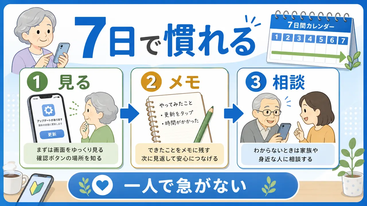アプリ更新表示に7日間で慣れる練習手順図