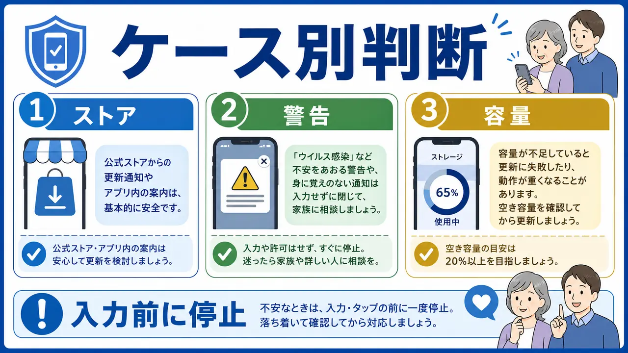 公式ストア、ブラウザ警告、容量不足、Wi-Fiなしのケース図