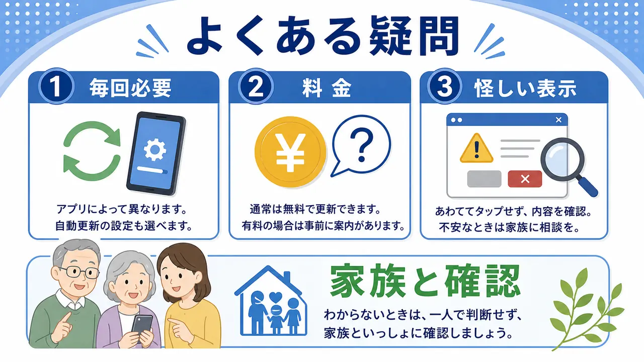 シニアのアプリ更新不安に関するよくある質問を整理する図