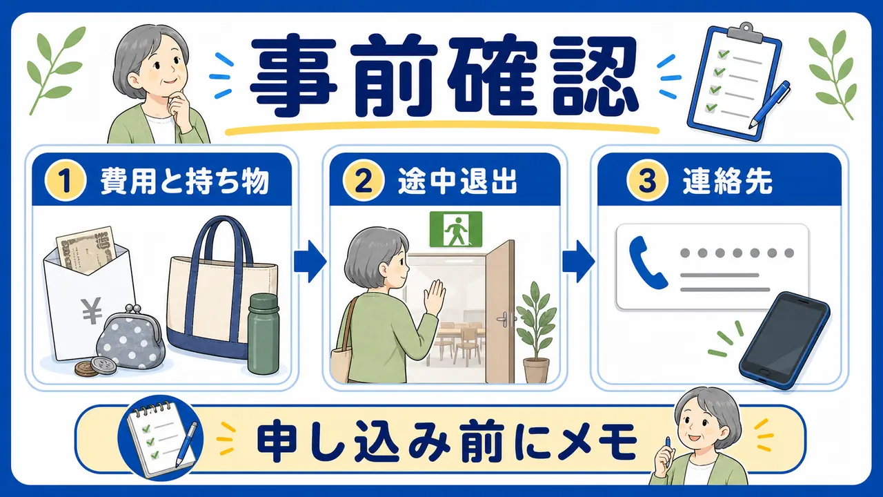 地域講座の申し込み前に費用、持ち物、途中退出、連絡先を確認する図