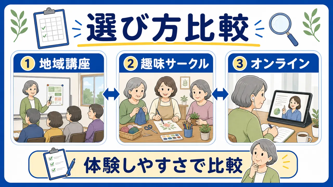 地域講座、趣味サークル、オンラインの選び方を体験しやすさで比較する図