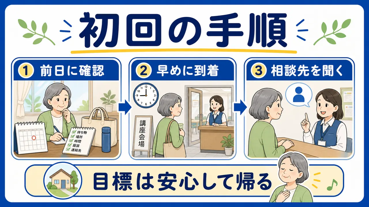 地域講座の初回参加で前日に確認し早めに到着して相談先を聞く手順
