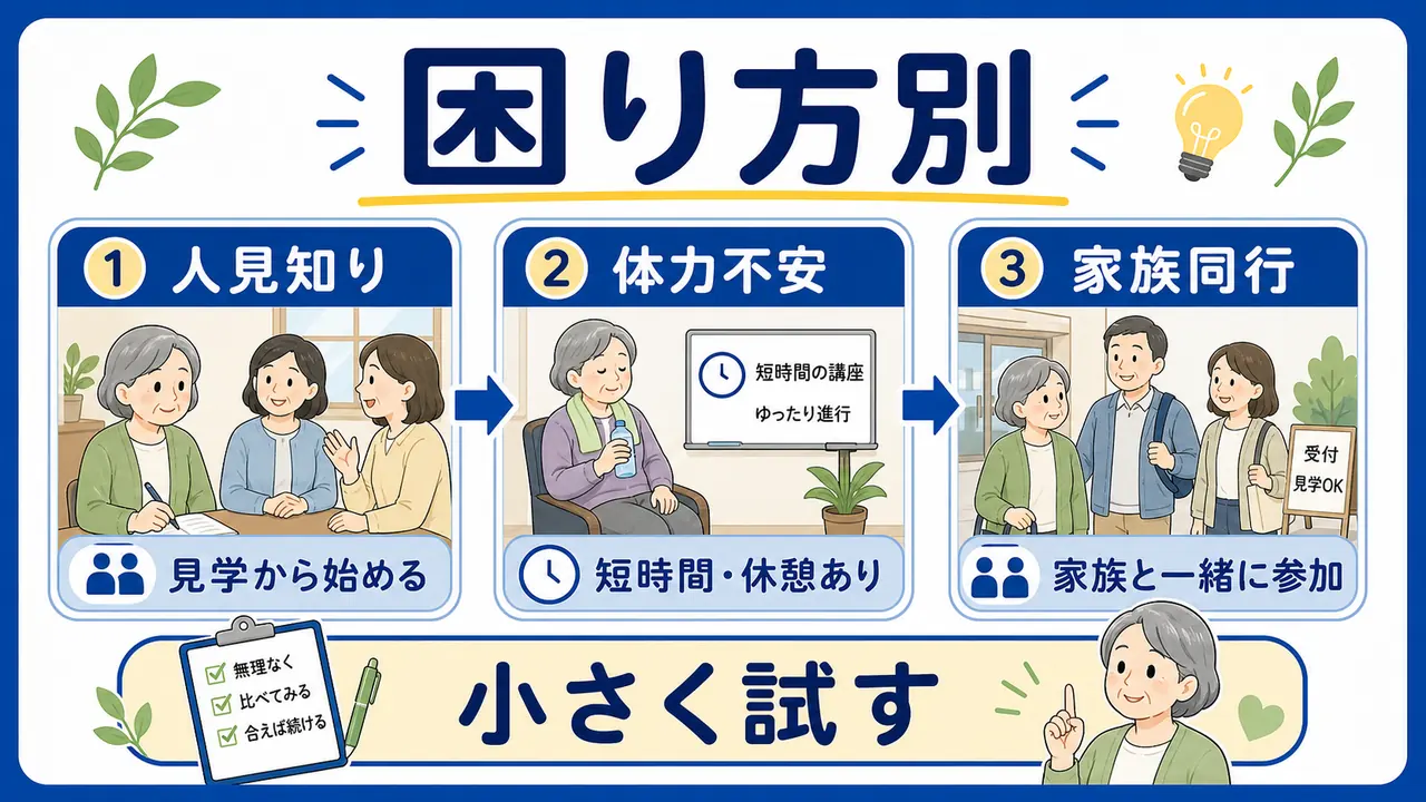 人見知り、体力不安、家族同行の困り方別に地域講座の始め方を選ぶ図