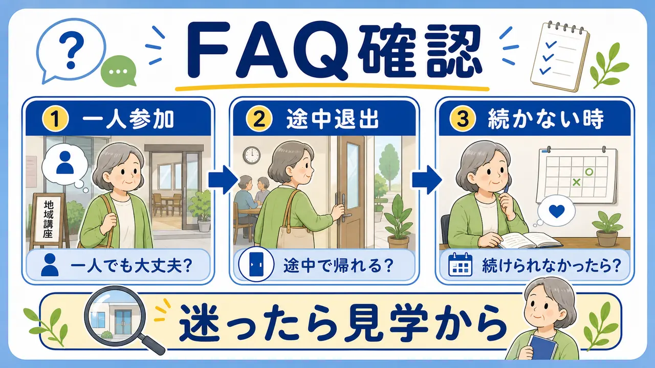 地域講座の一人参加、途中退出、続かない時の不安を確認する図