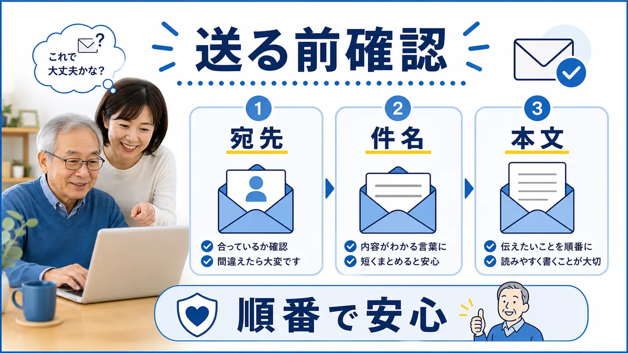 メール送信前に宛先、件名、本文を確認する図