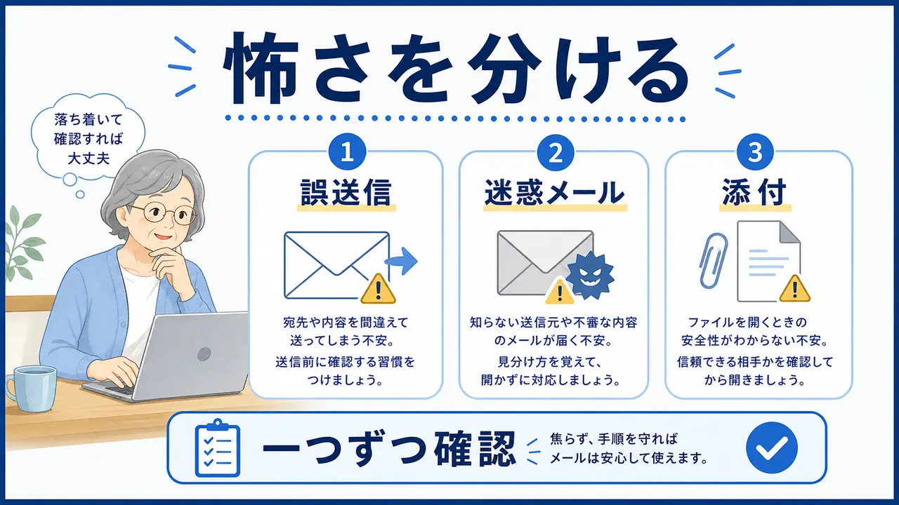 誤送信、迷惑メール、添付、操作不安を分ける図