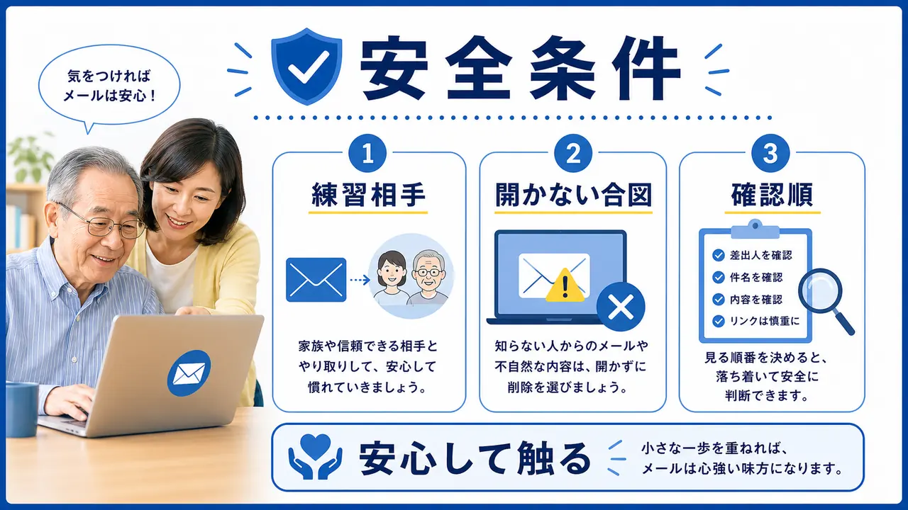 相手、端末、パスワード、迷惑メールを確認する図