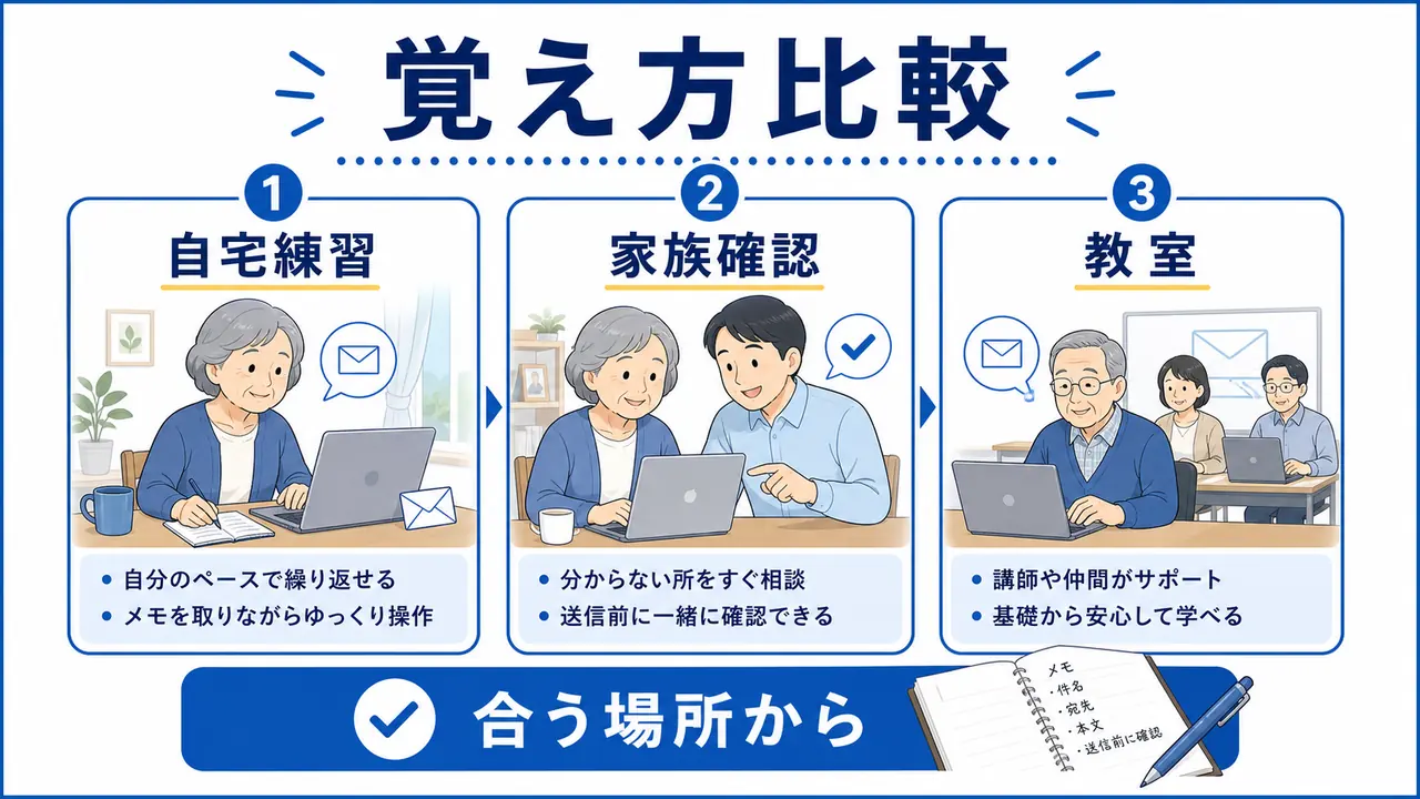 自宅練習、家族確認、教室、メモを比べる図