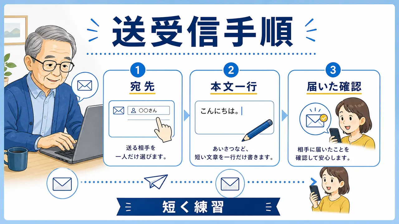 メール送受信を少しずつ練習するステップ図