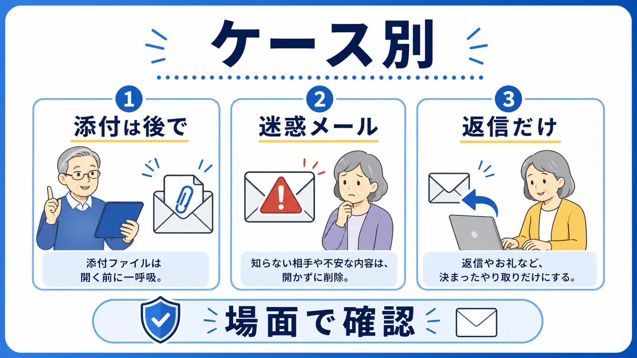 添付、返信、迷惑メール、パスワードのケース別図