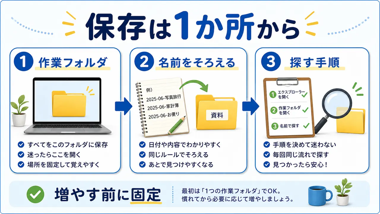 保存場所を作業フォルダ、名前、探す手順に分けて整理する図