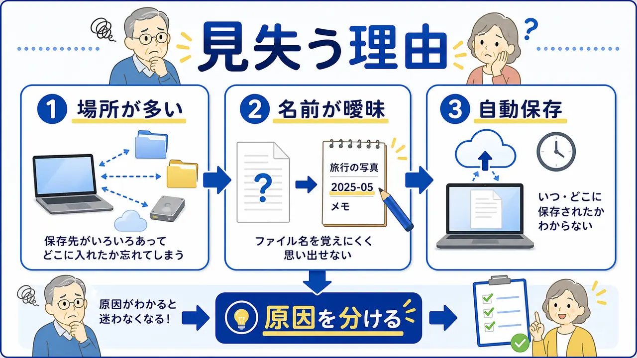 ファイルを見失う理由を場所、名前、自動保存に分けた図