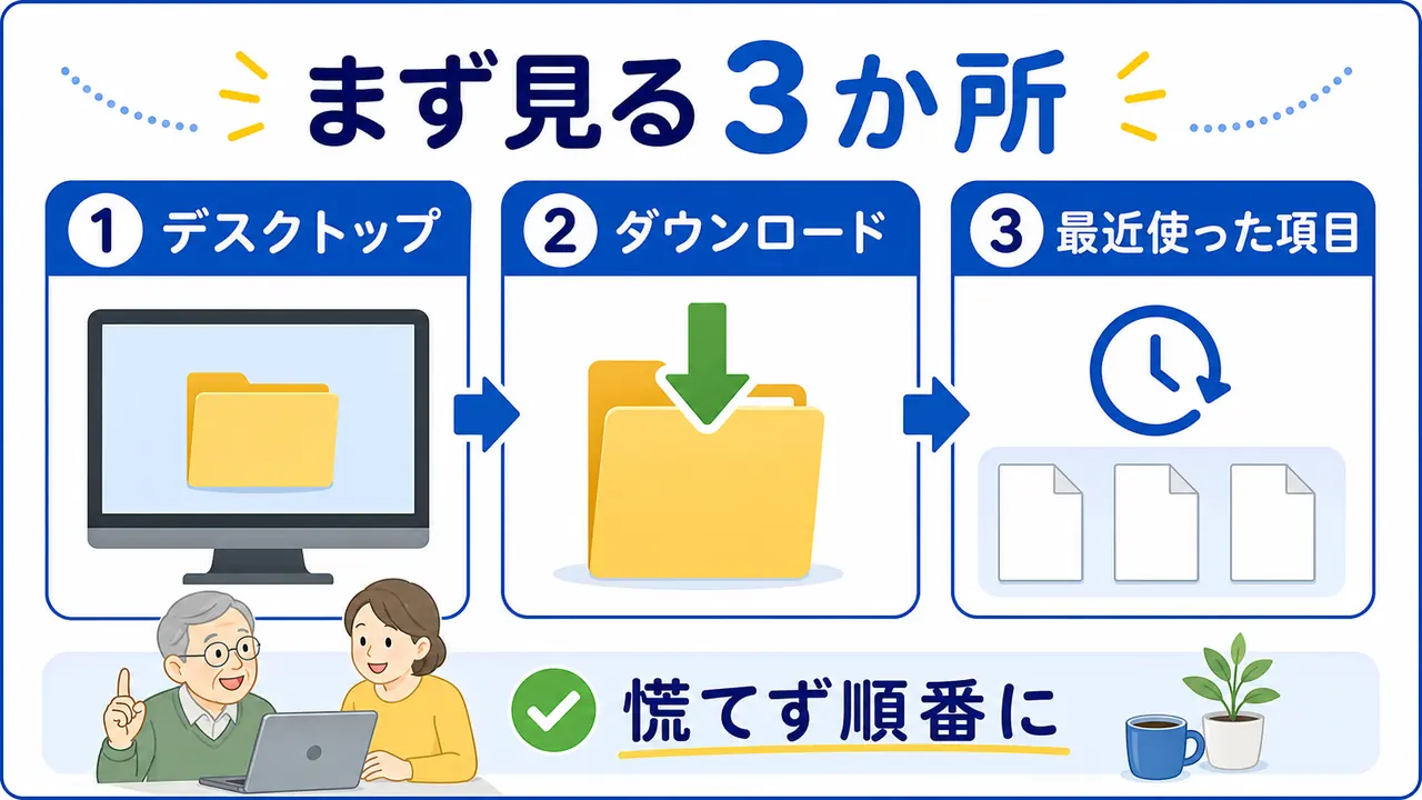 保存したファイルを探すときに最初に見る3つの場所を示す図