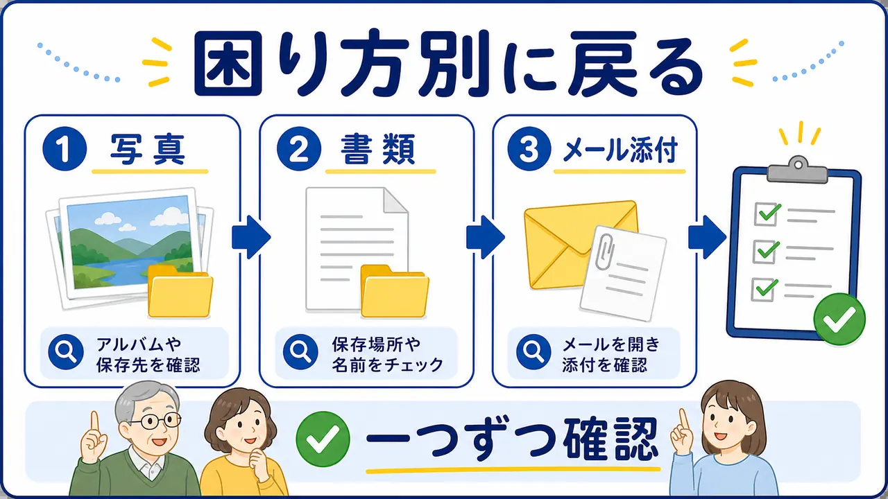 写真、書類、メール添付の困り方別に戻る手順を示す図