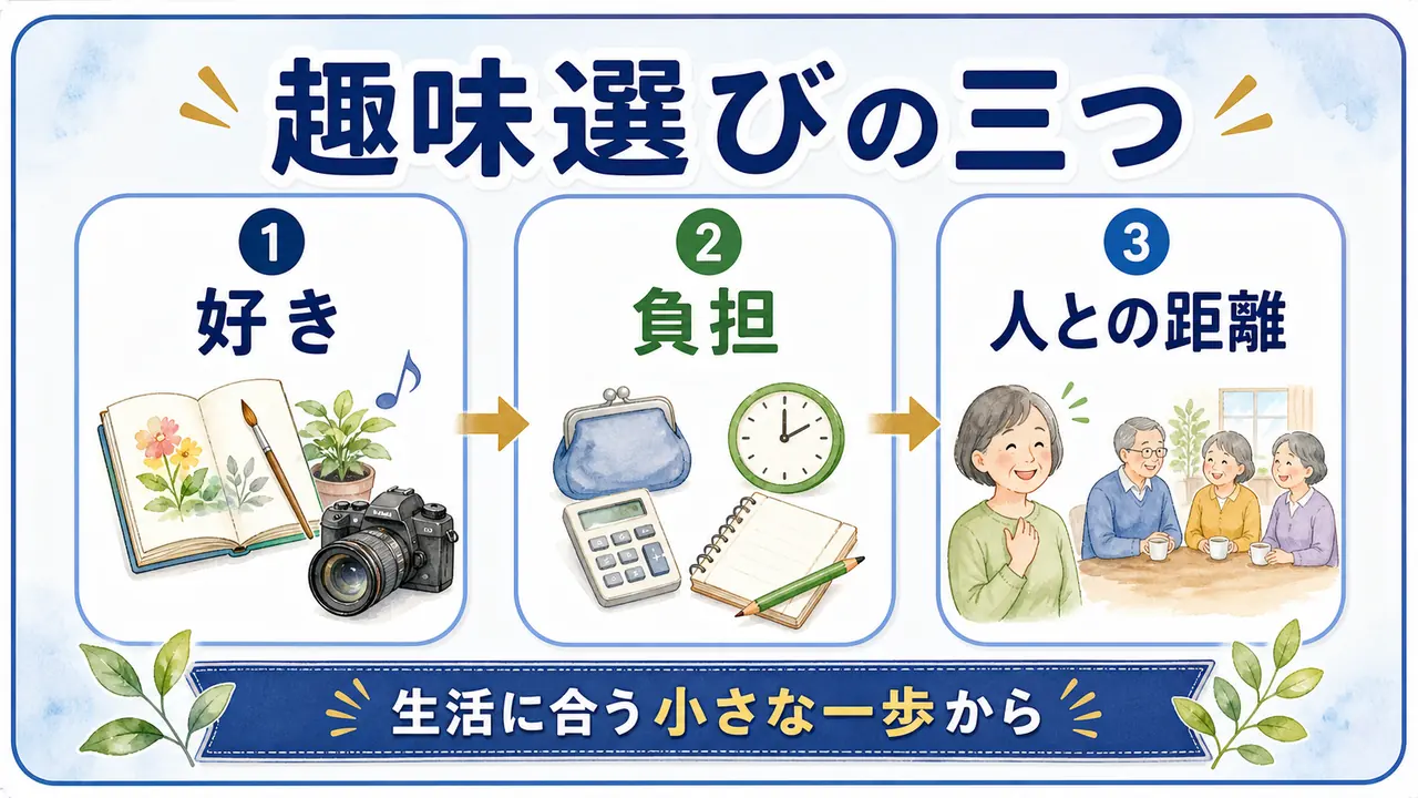 シニアが趣味の学びを好き、負担、人との距離で選ぶ流れを示す図