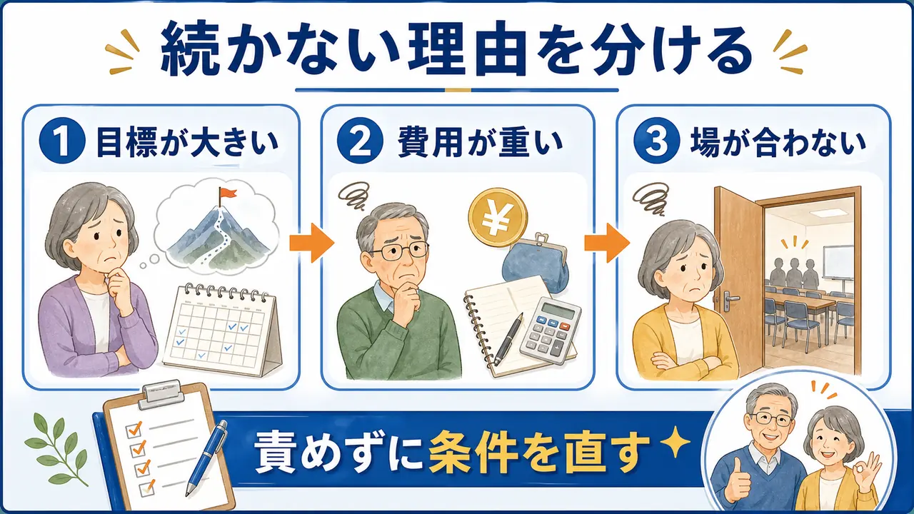 趣味が続かない理由を目標、費用、通いやすさ、人間関係に分けた図