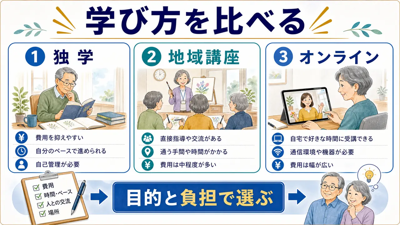 独学、地域講座、オンライン、サークル、個別レッスンを比べる図
