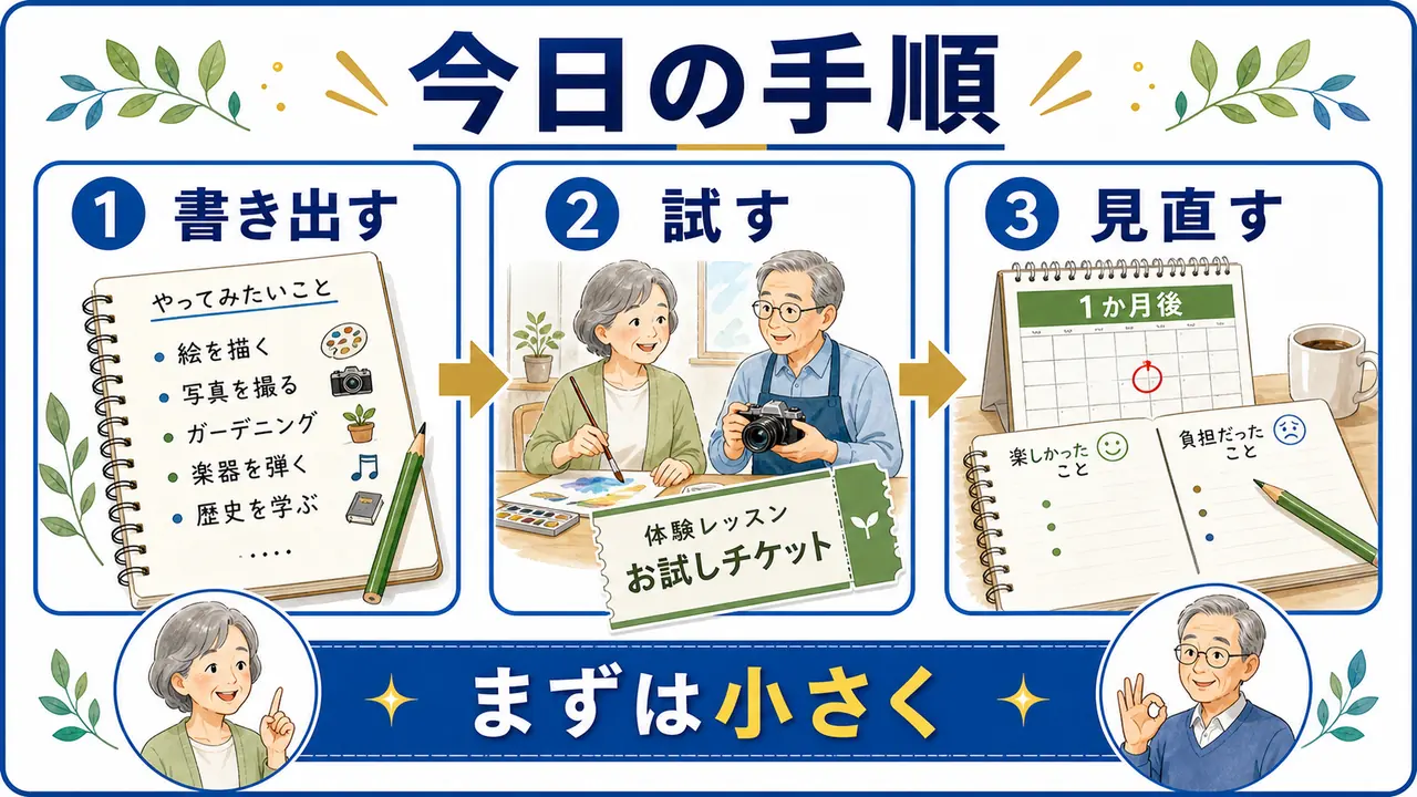 シニアが趣味候補を書き出し、体験し、続ける条件を決める手順図
