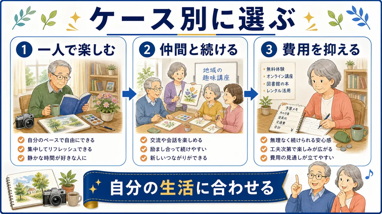 一人で楽しみたい人、仲間がほしい人、費用が不安な人の趣味選びを分けた図