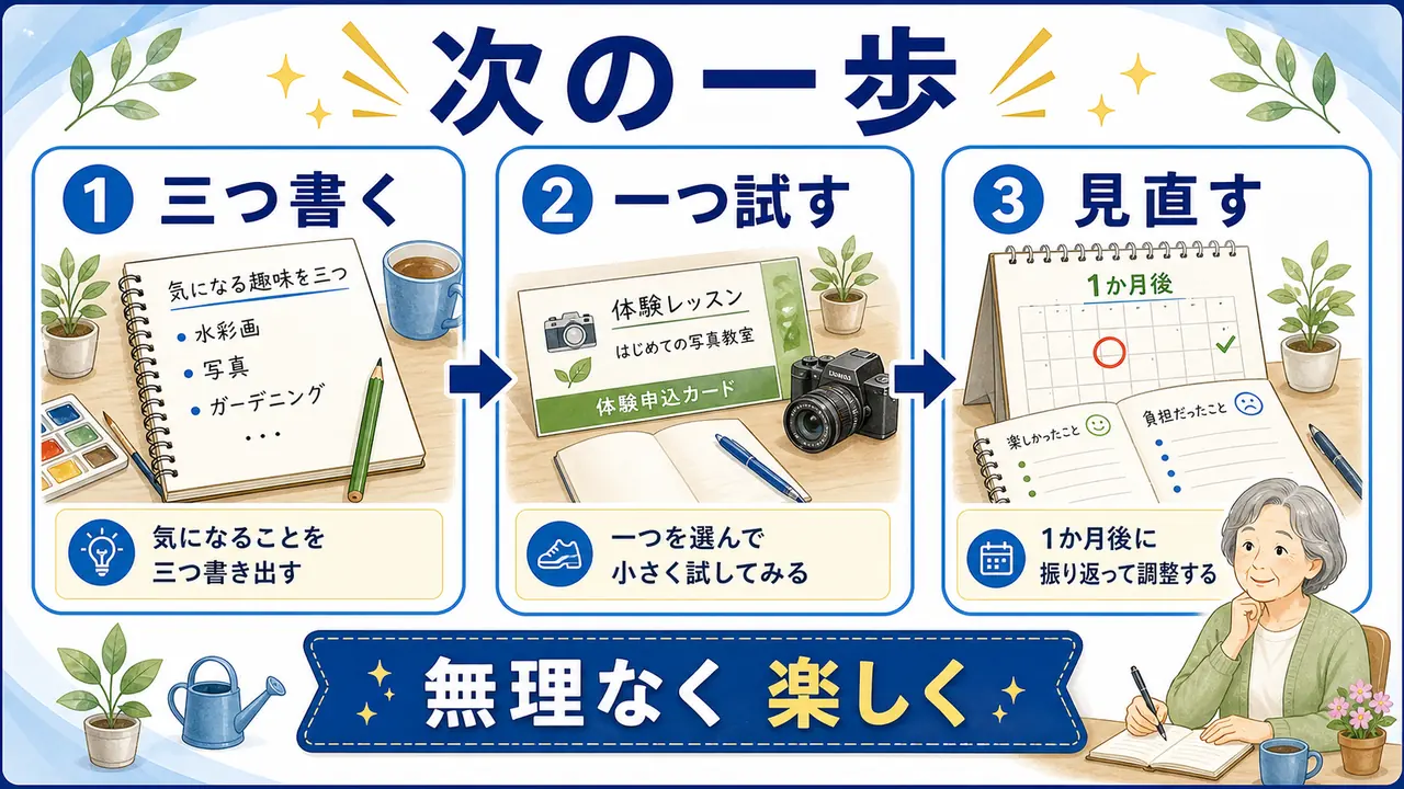 シニアが今日の一歩として趣味候補、体験、見直し日を整理する図
