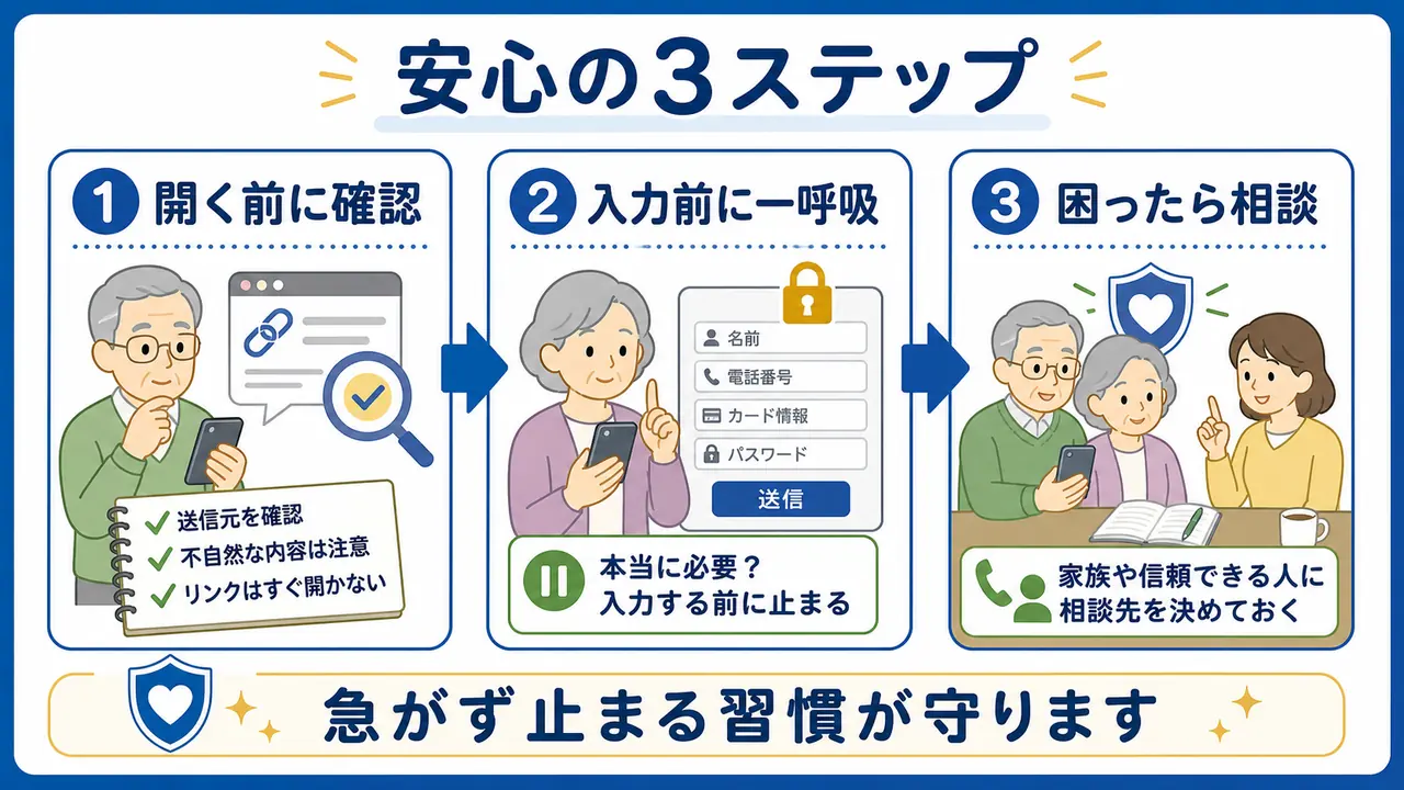 シニアがインターネットを安心して使うために開く前、入力前、相談を確認する図