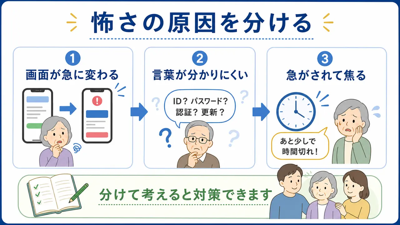 シニアがインターネットを怖いと感じる理由を画面変化、難しい言葉、急がせる表示に分けた図