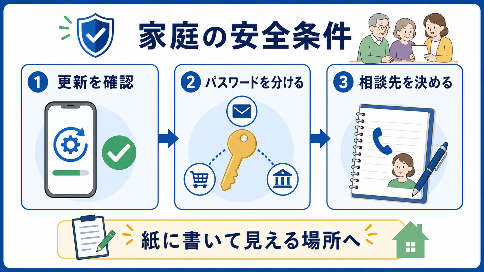 シニアがインターネットを始める前に更新、パスワード、相談先を家庭で決める図