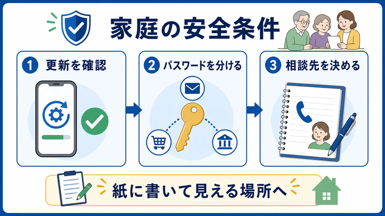 シニアがインターネットを始める前に更新、パスワード、相談先を家庭で決める図