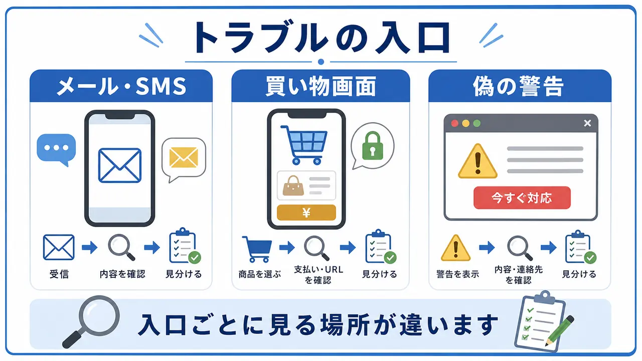 メール、買い物画面、偽の警告などインターネットトラブルの入口を比較する図