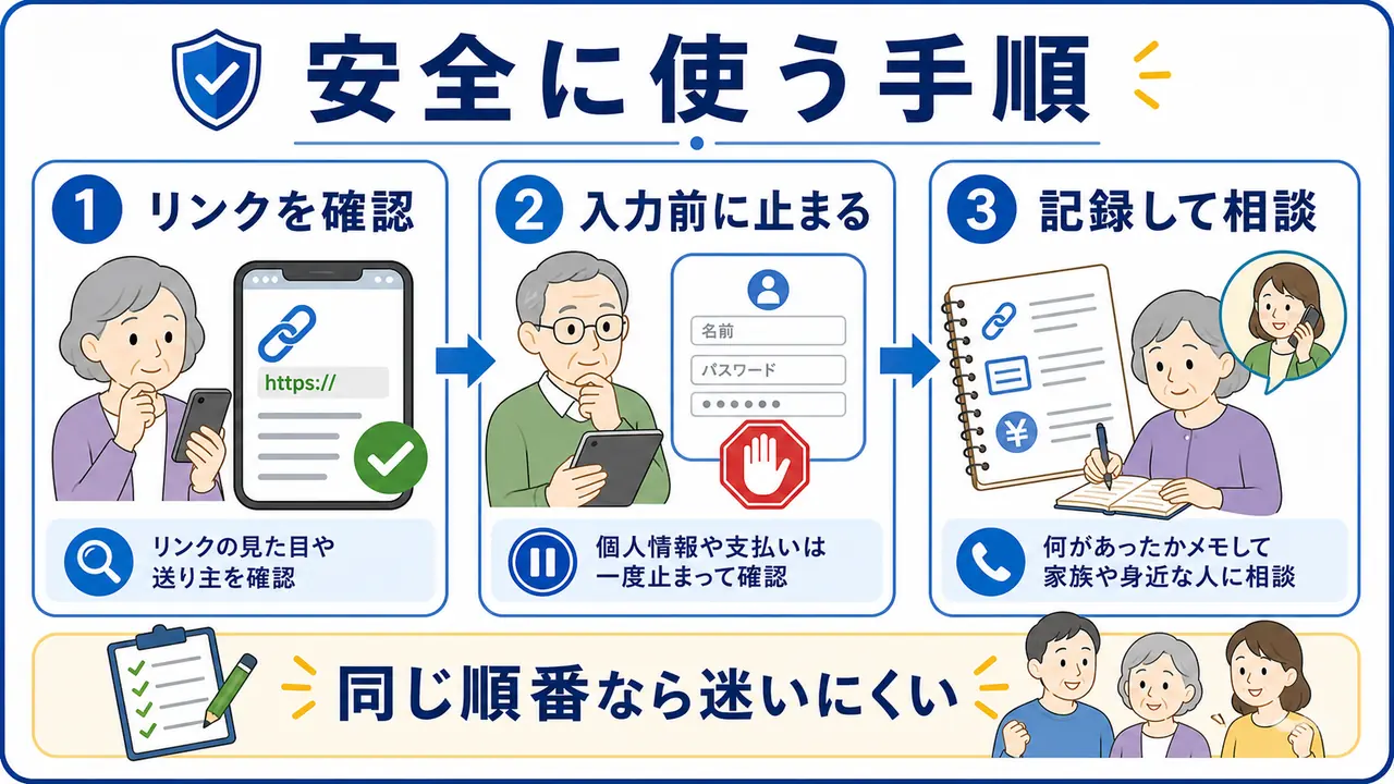 シニアがリンク確認、入力前の停止、記録と相談の順番で安全に使う手順を示す図