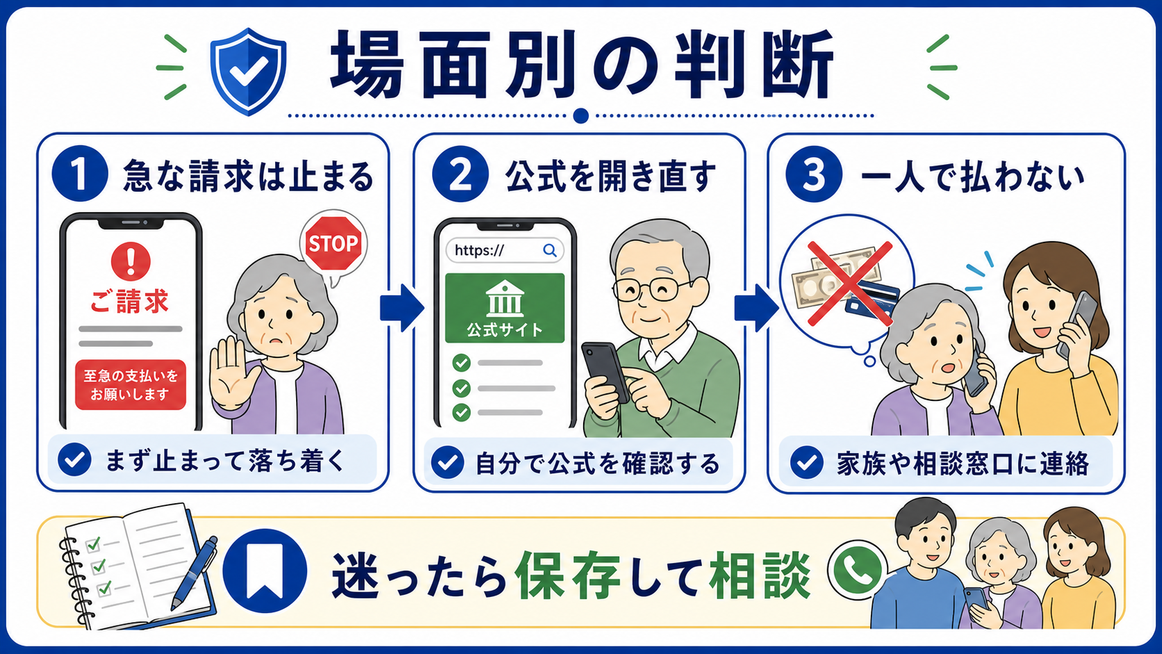 急な請求、公式確認、支払い前の相談などシニアのインターネット判断を場面別に分けた図