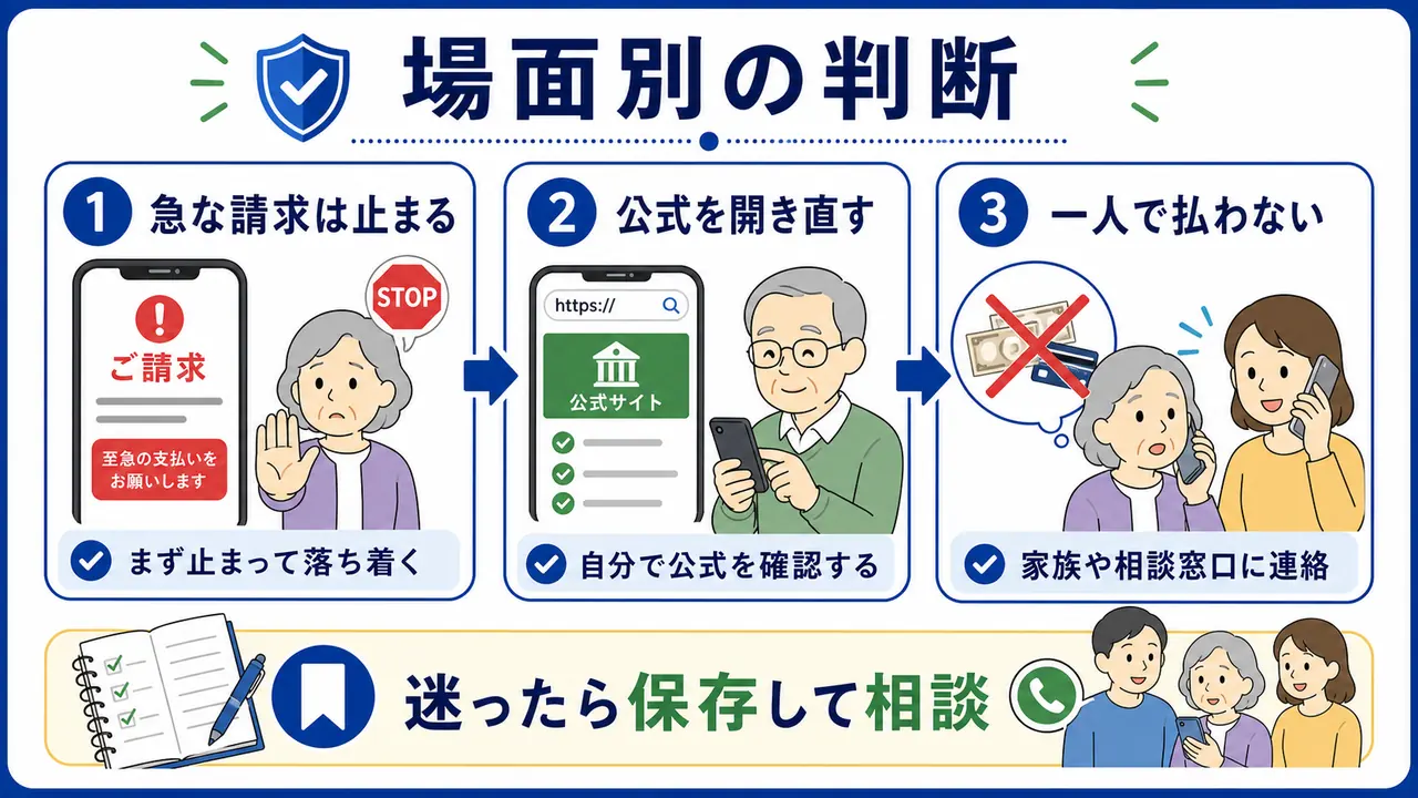 急な請求、公式確認、支払い前の相談などシニアのインターネット判断を場面別に分けた図
