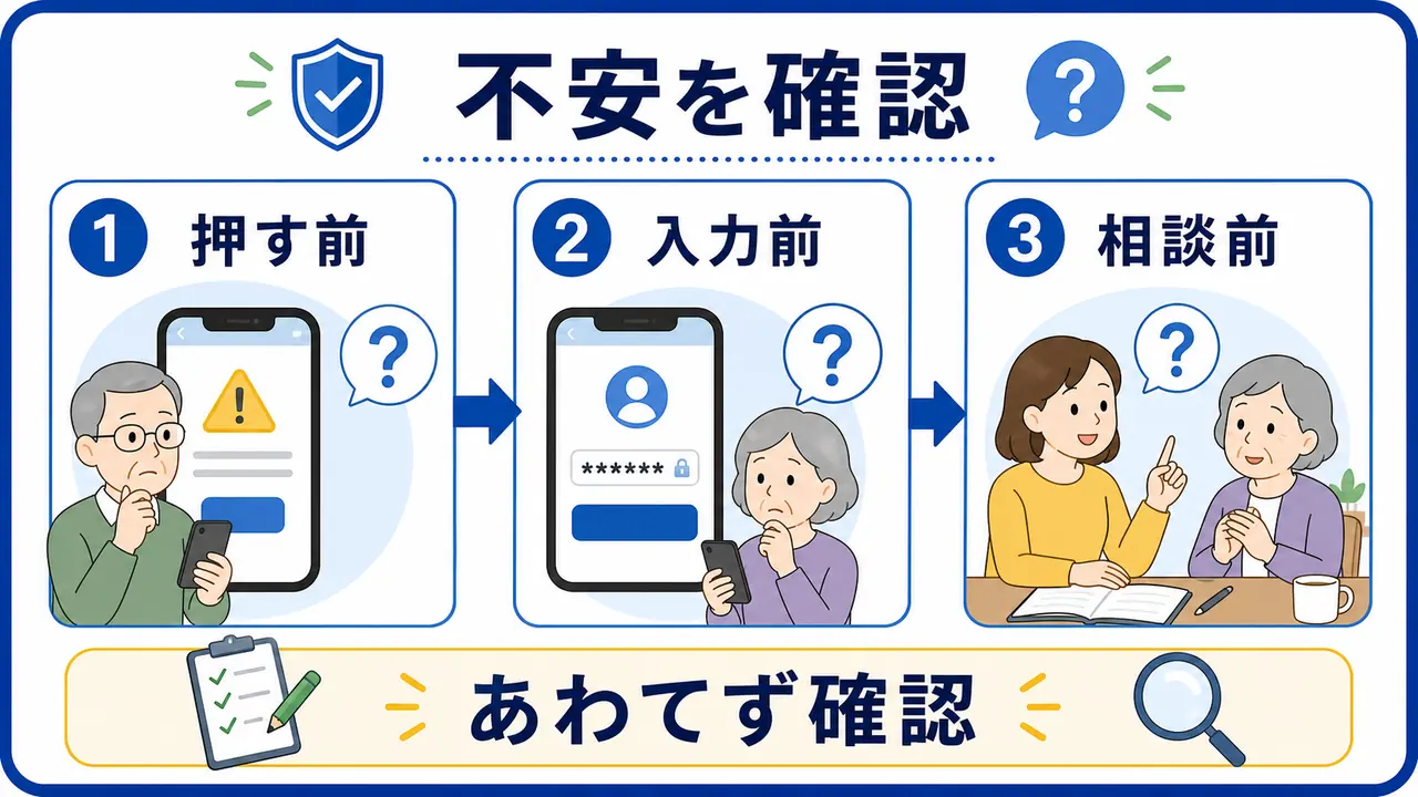 シニアのインターネット安全で押す前、入力前、相談前の不安を確認する図