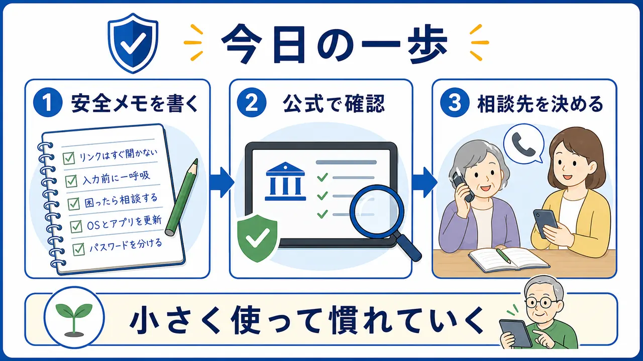 シニアが安全メモ、公式確認、相談先を今日の一歩として整理する図