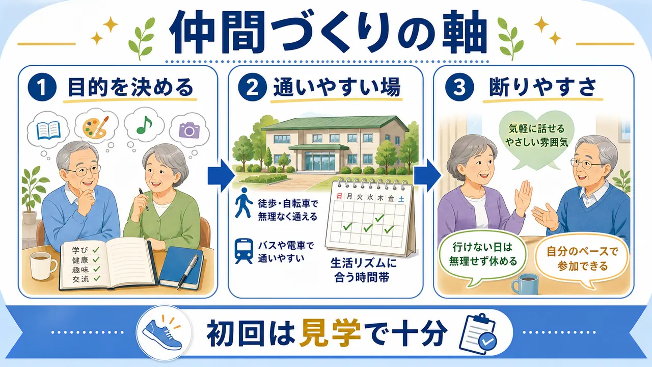シニアの学び仲間づくりを目的、通いやすさ、断りやすさで考える図
