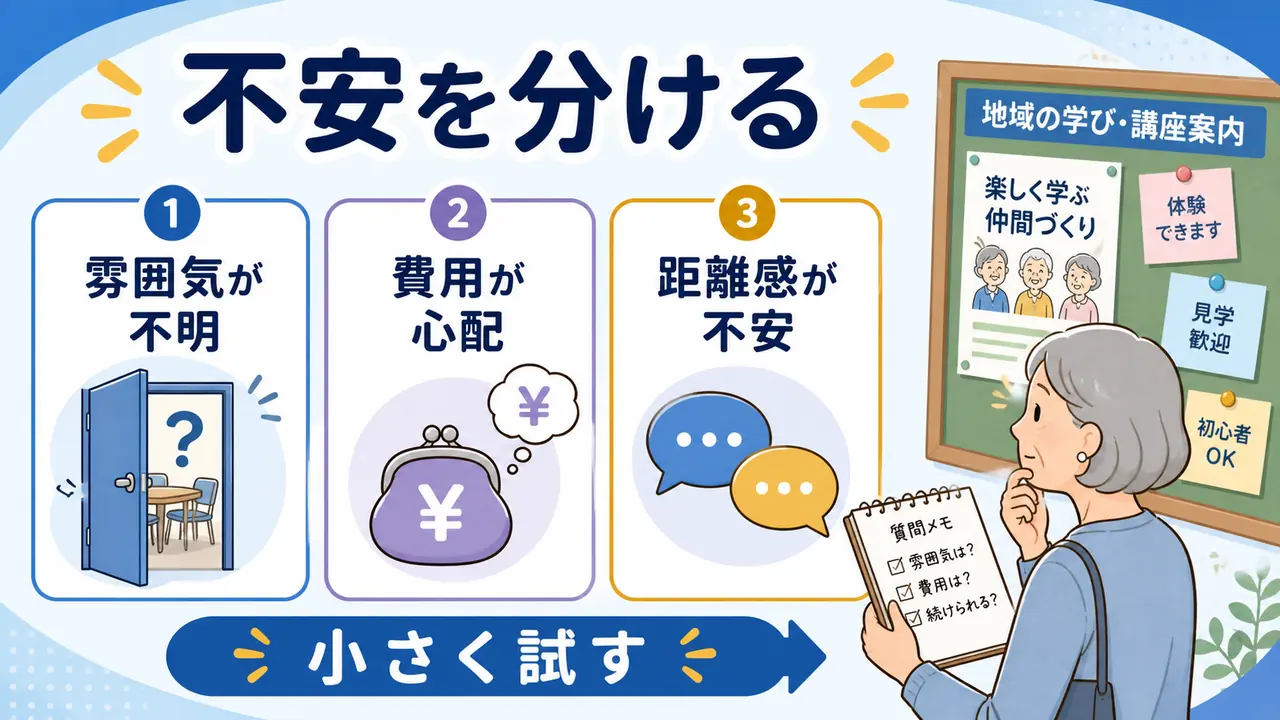 学び仲間づくりの不安を雰囲気、費用、距離感に分けて考える図
