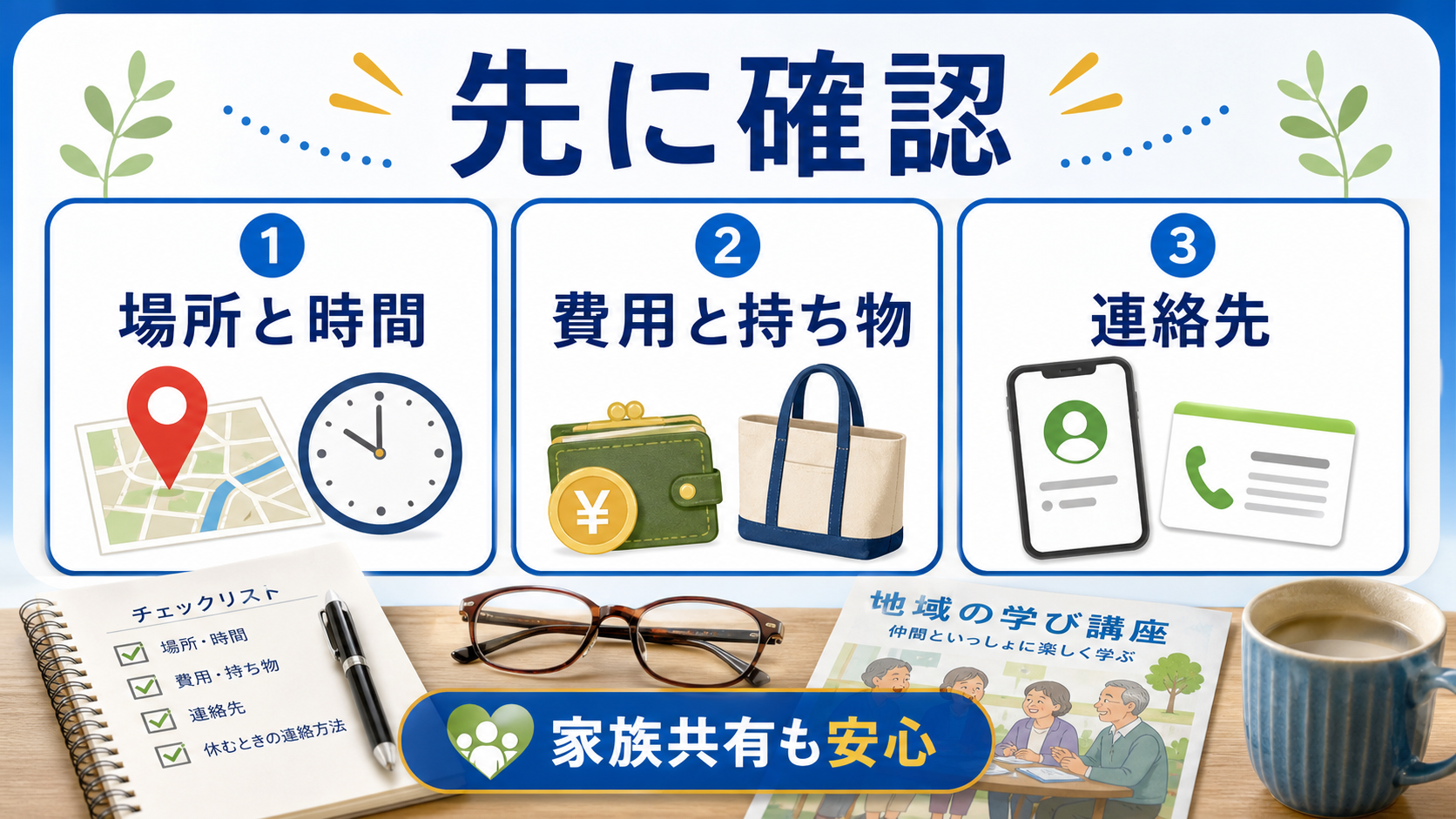 地域講座やサークルの参加前に場所、費用、持ち物、連絡先を確認する図