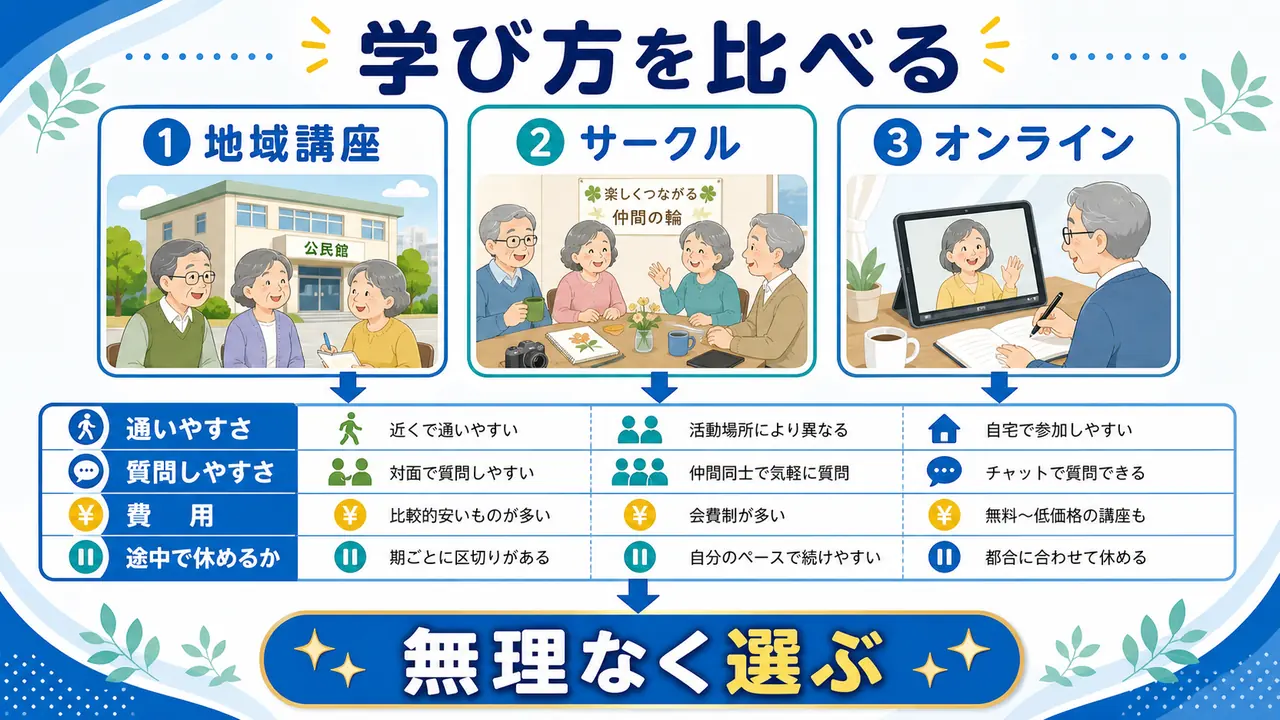 地域講座、サークル、オンラインの学び仲間づくりを比べる図