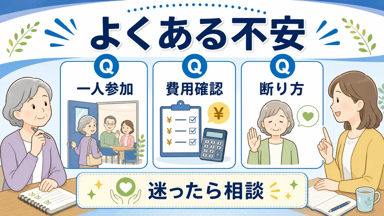 シニアが学び仲間づくりの一人参加、費用、断り方を確認する図