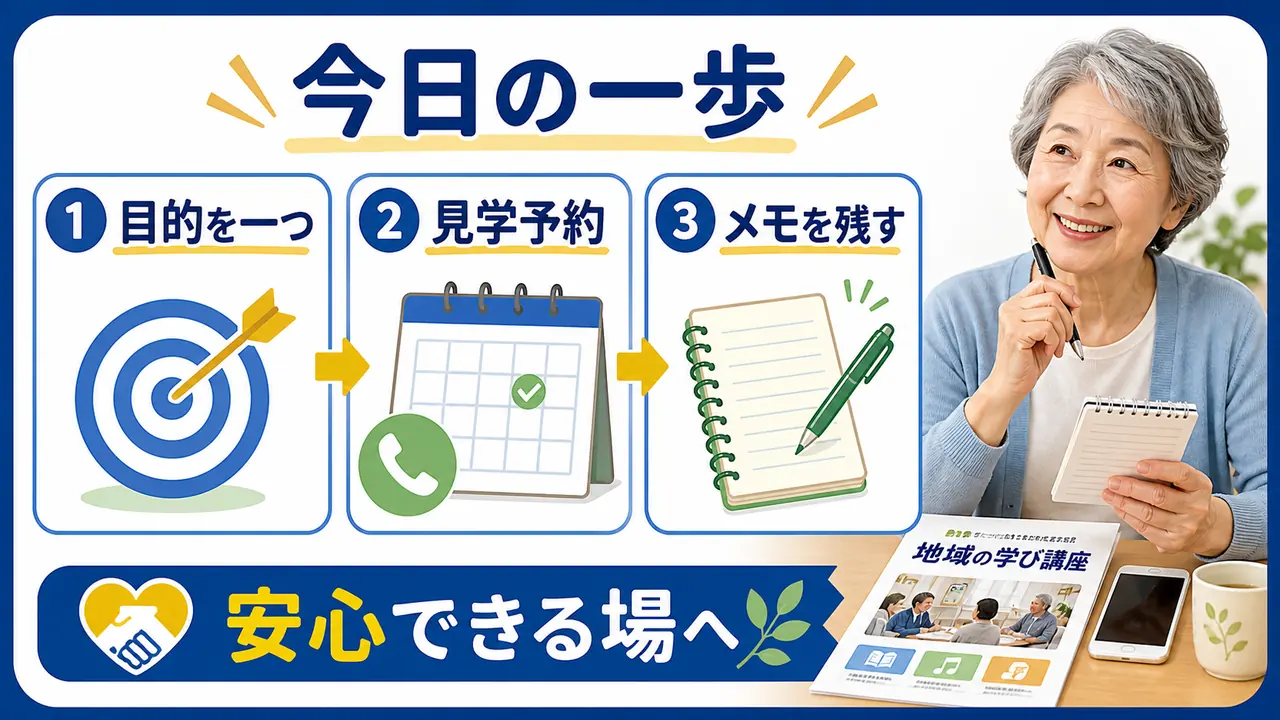 シニアが学び仲間づくりの今日の一歩を確認する図