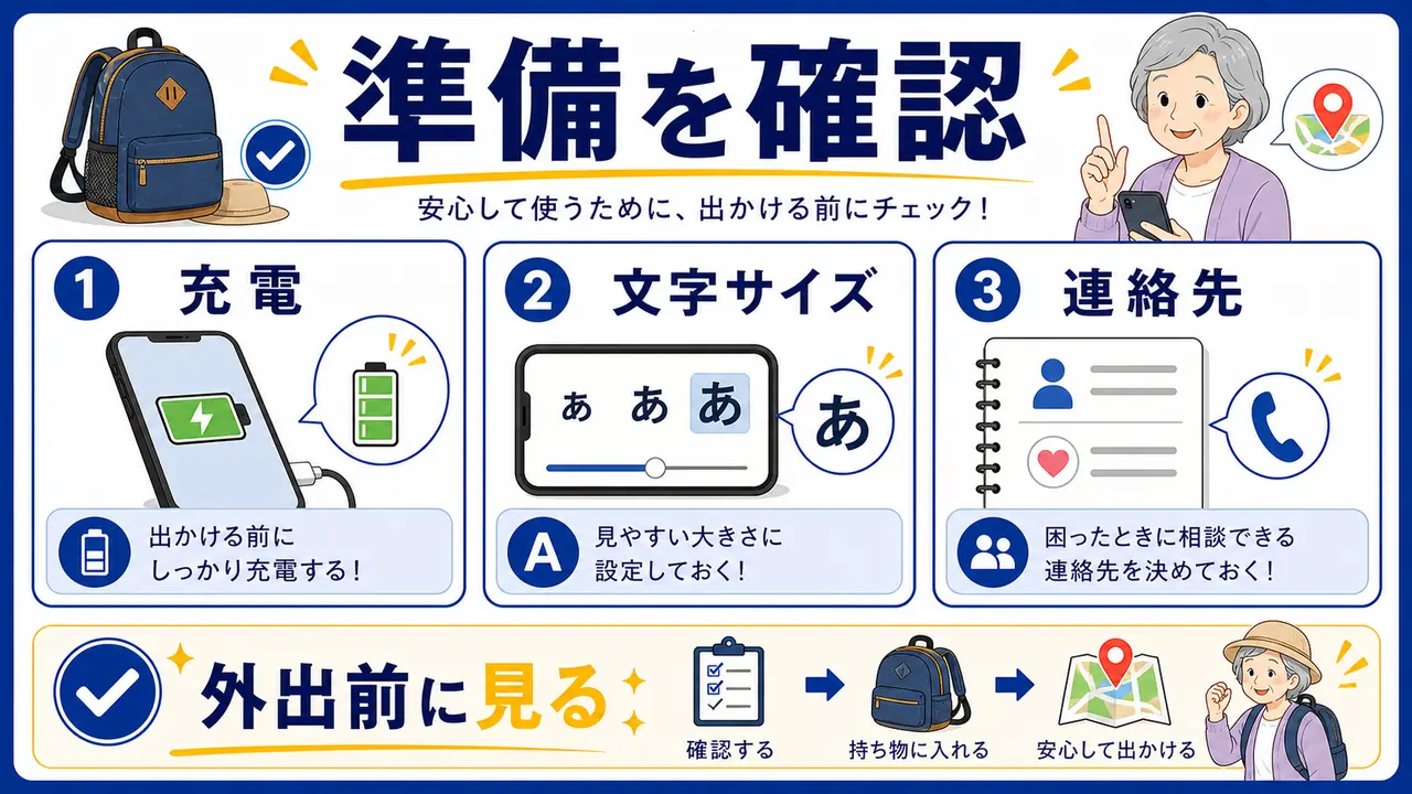 充電、通信、文字サイズ、家族連絡を確認する図