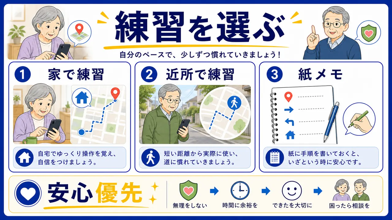 家で練習、近所で練習、紙地図併用、家族同行を比べる図