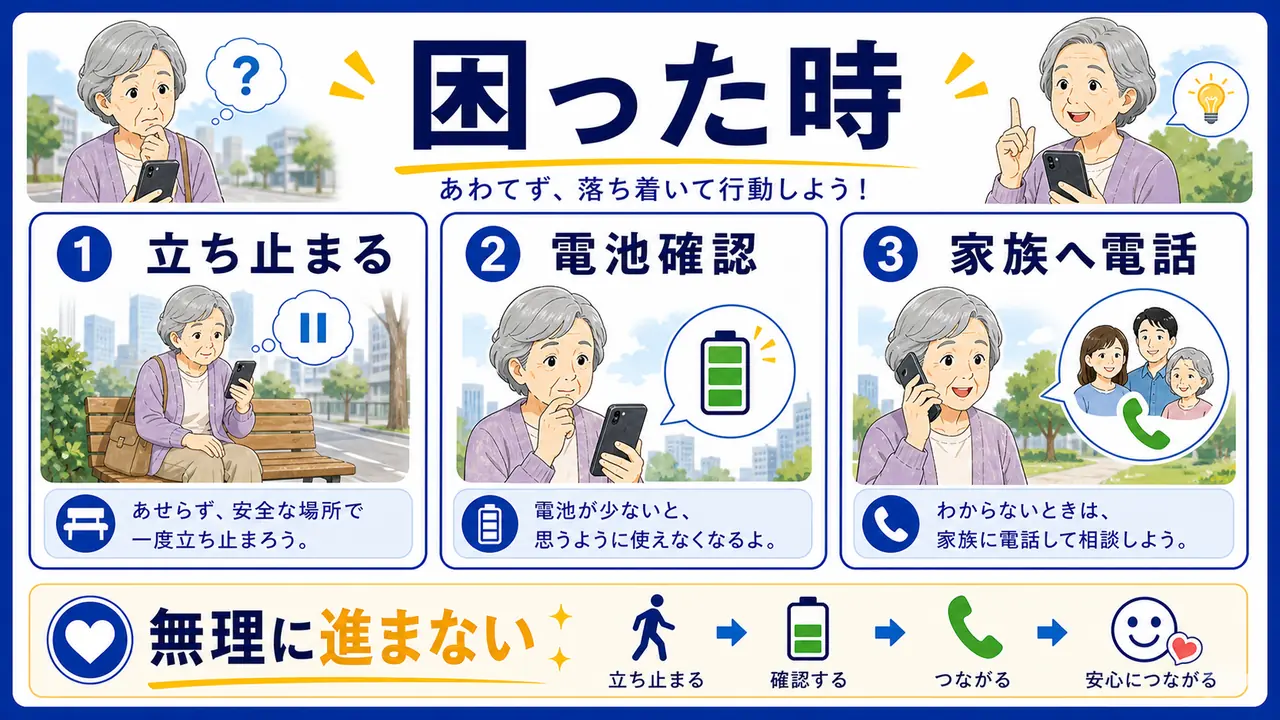 現在地が違う、道を外れる、電池切れ、通知のケース図