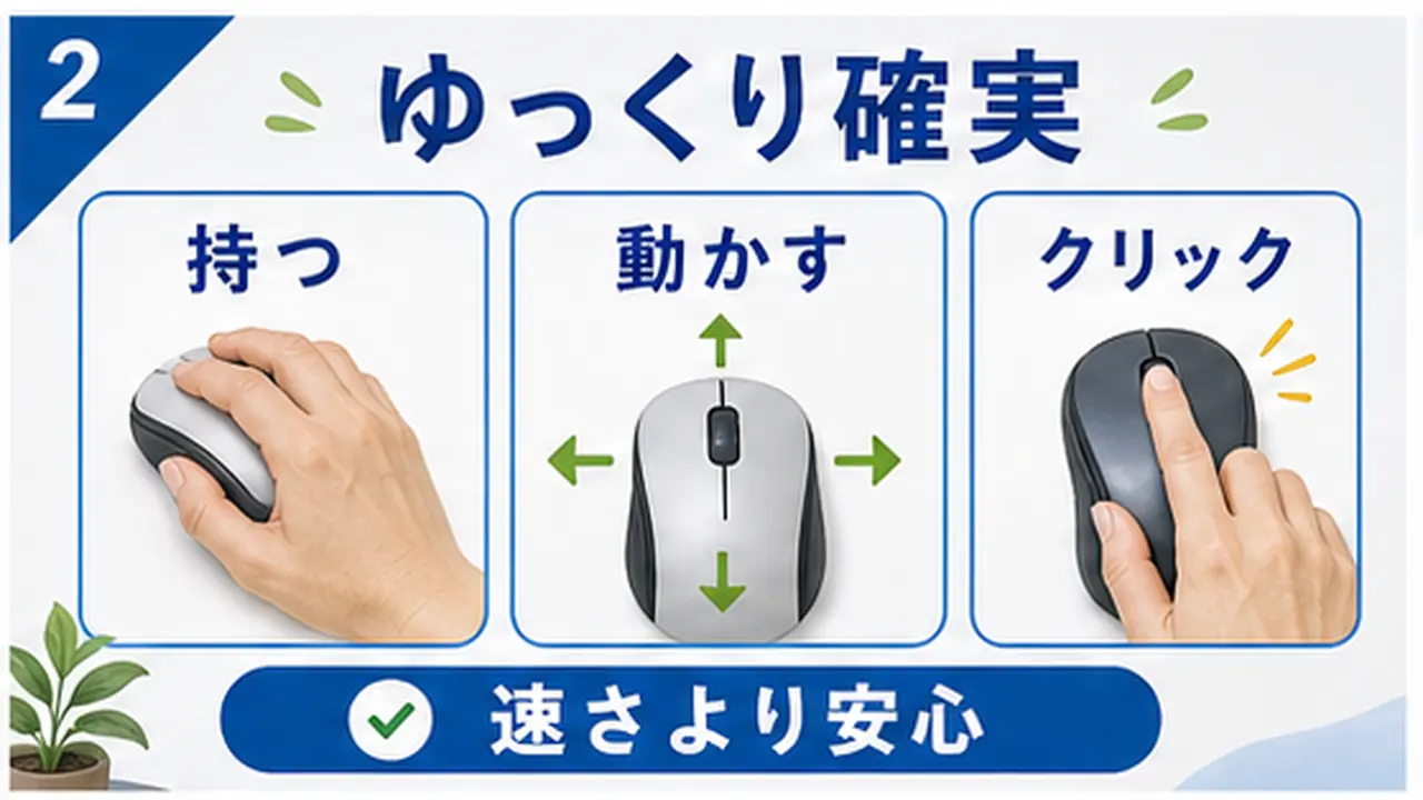 持つ、動かす、クリックする順に練習する図