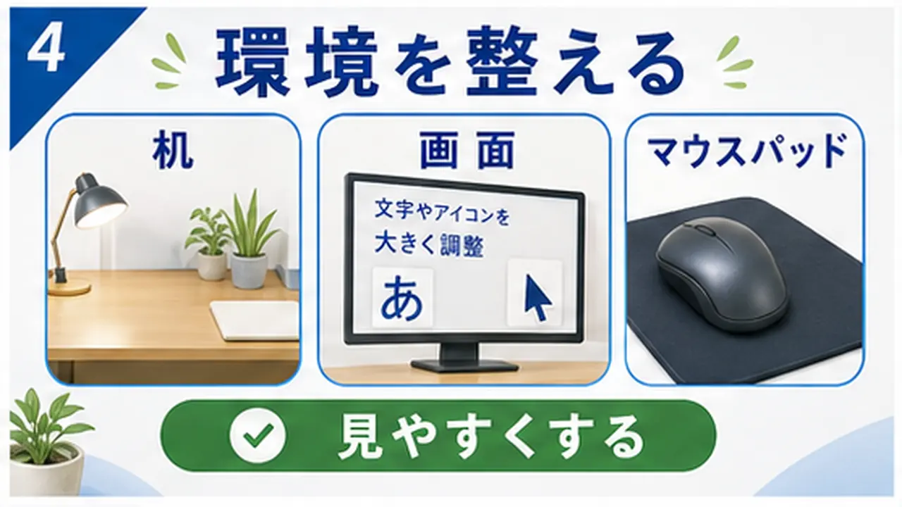 机、椅子、マウスパッド、画面の大きさを確認する図