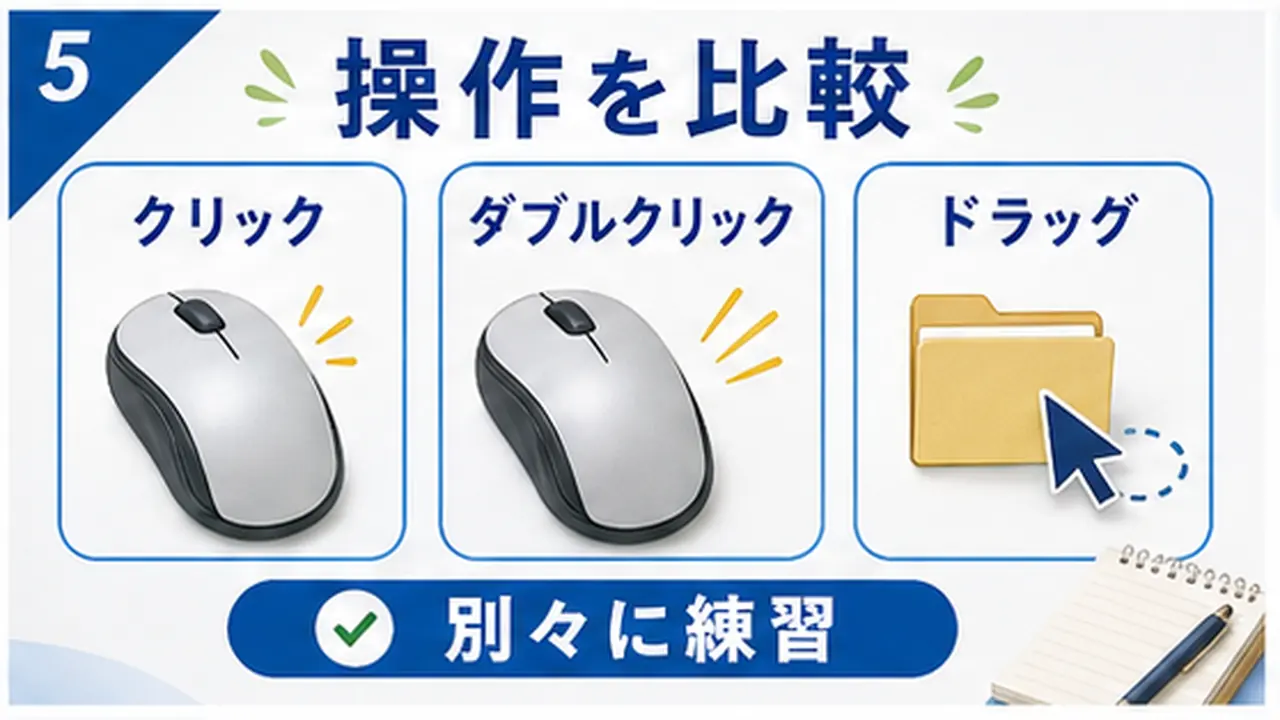 クリック、ダブルクリック、ドラッグの違いを比べる図