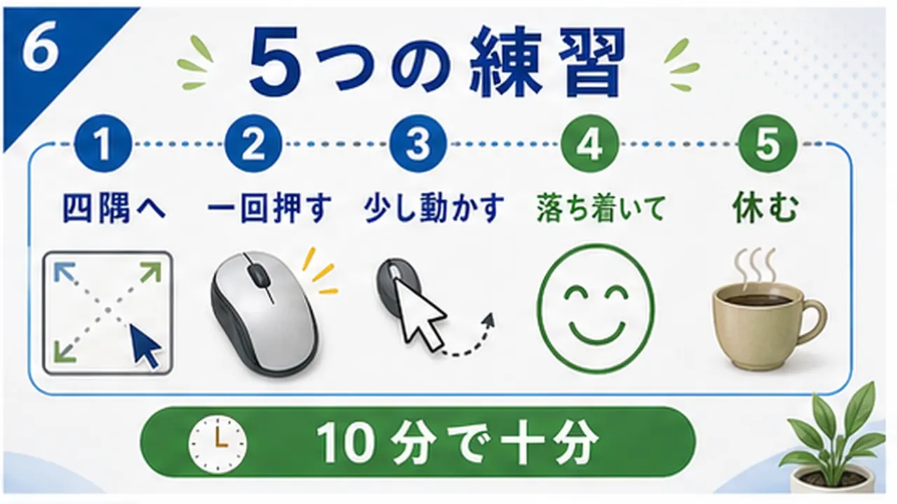 矢印を動かし、クリックし、ドラッグする練習手順の図